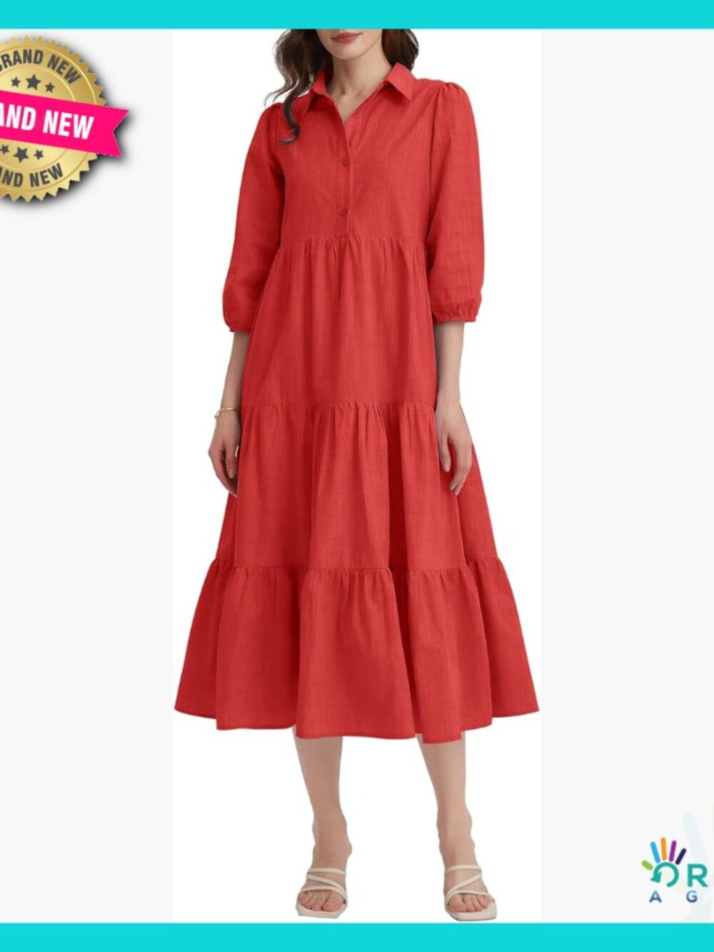 Tiered Midi Dress 3/4 Sleeve Button Down Tie Waist Flowy Casual Chic